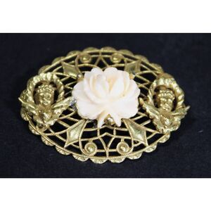 Vintage Victorian Style Gold Filigree Brooch with Cherubs And Applied Rose